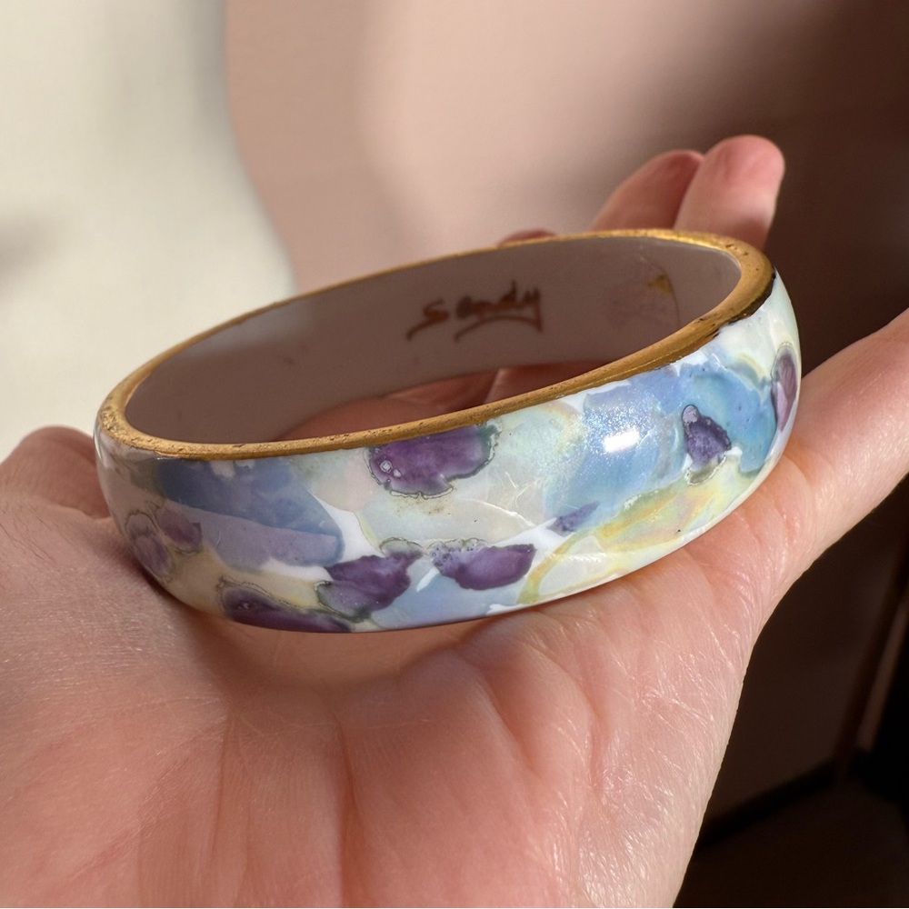 Vintage pastel blue watercolor victorian porcelain teacup bangle bracelet